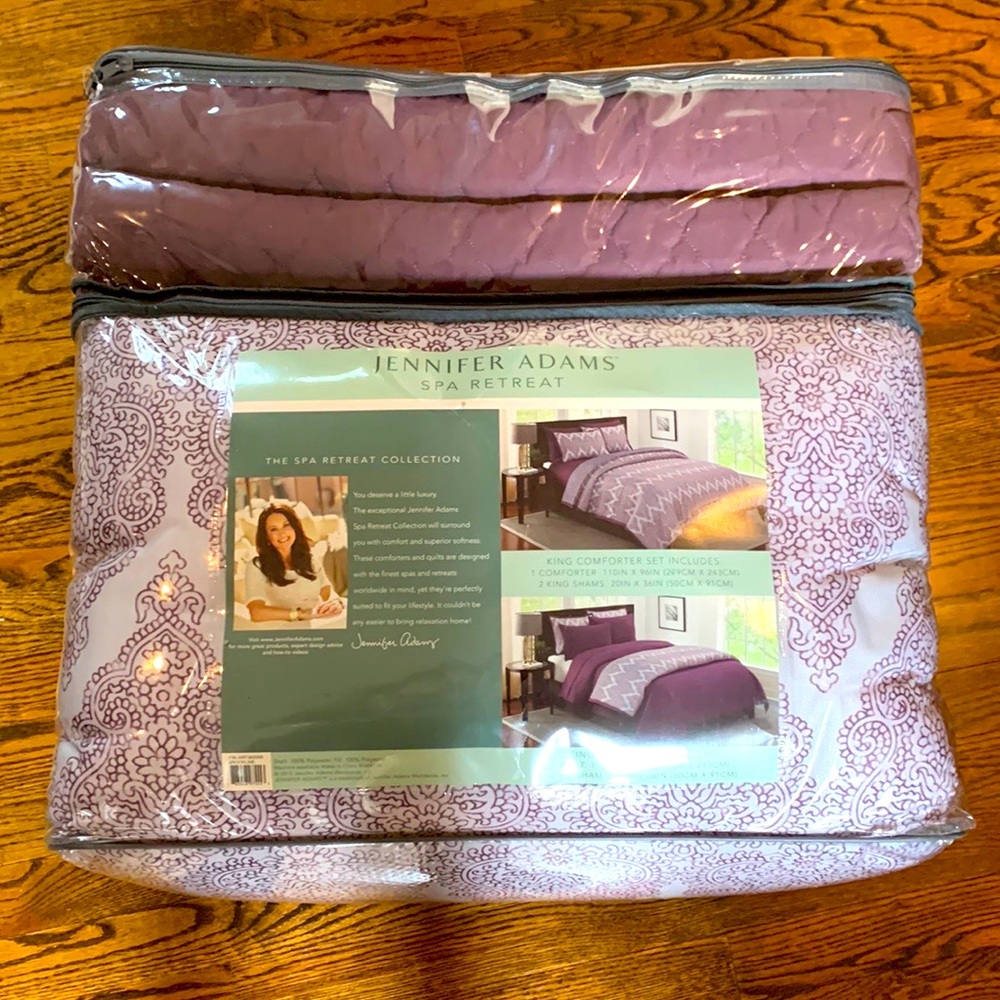 Never opened. TWO sets King comforter, quilt, & shams.  Machine wash.